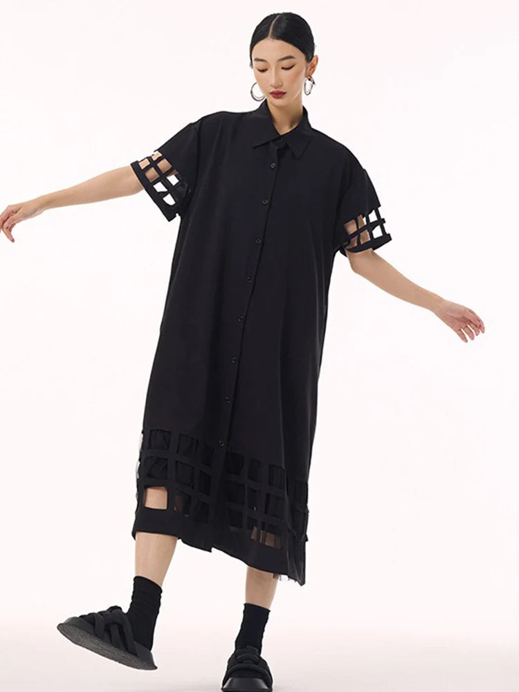 XITAO Hollow Out Patchwork Mesh Half Sleeve Dress Turn-down Collar Vintage Casual Solid Color Single Breasted Dress GMM1351