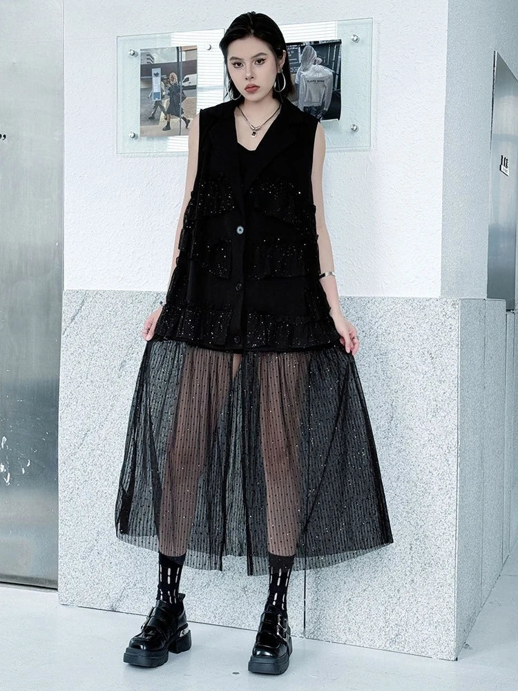 XITAO Pleated Mesh Patchwork V-neck Dress Loose Fitting Thin Single Breasted New Arrival Summer Women Dress ZMY1332