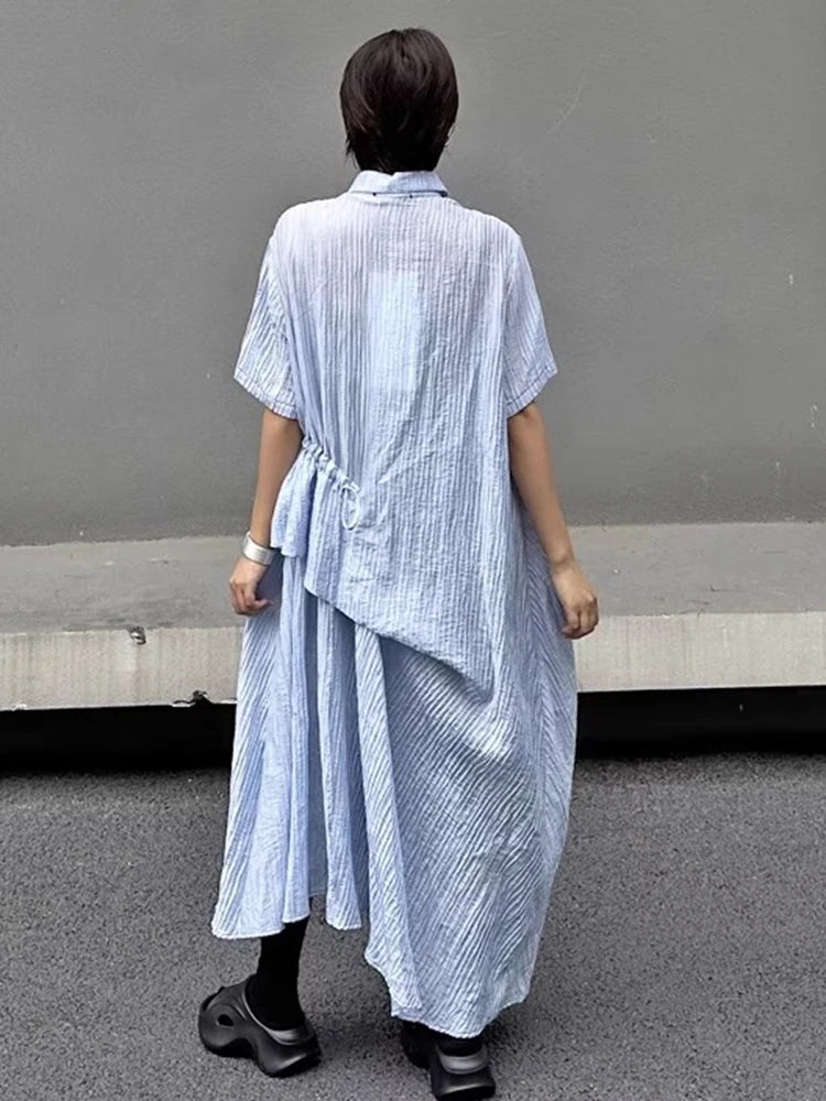 XITAO Irregular Striped Drawstring Dress Turn-down Collar Loose Casual Short Sleeve Personality Summer Woman Dress HQQ2490
