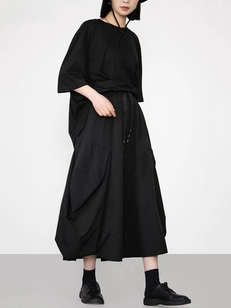 XITAO Solid Color Pleated Elastic Waist Pants Pocket Patchwork All Match Slimming Casual Fashion Loose Ankle-length Pants ZY8944