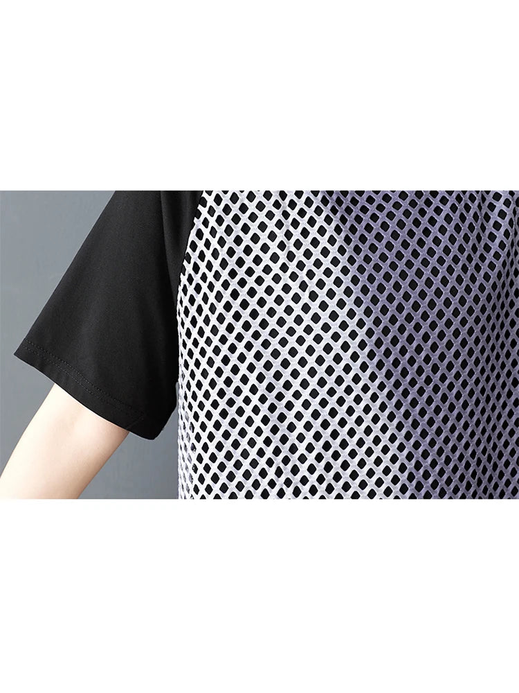 XITAO Patchwork Contrast Color Female Dress Mesh Hollow Out O-neck Short Sleeve Temperament Loose Summer Woman Dress ZMY1258