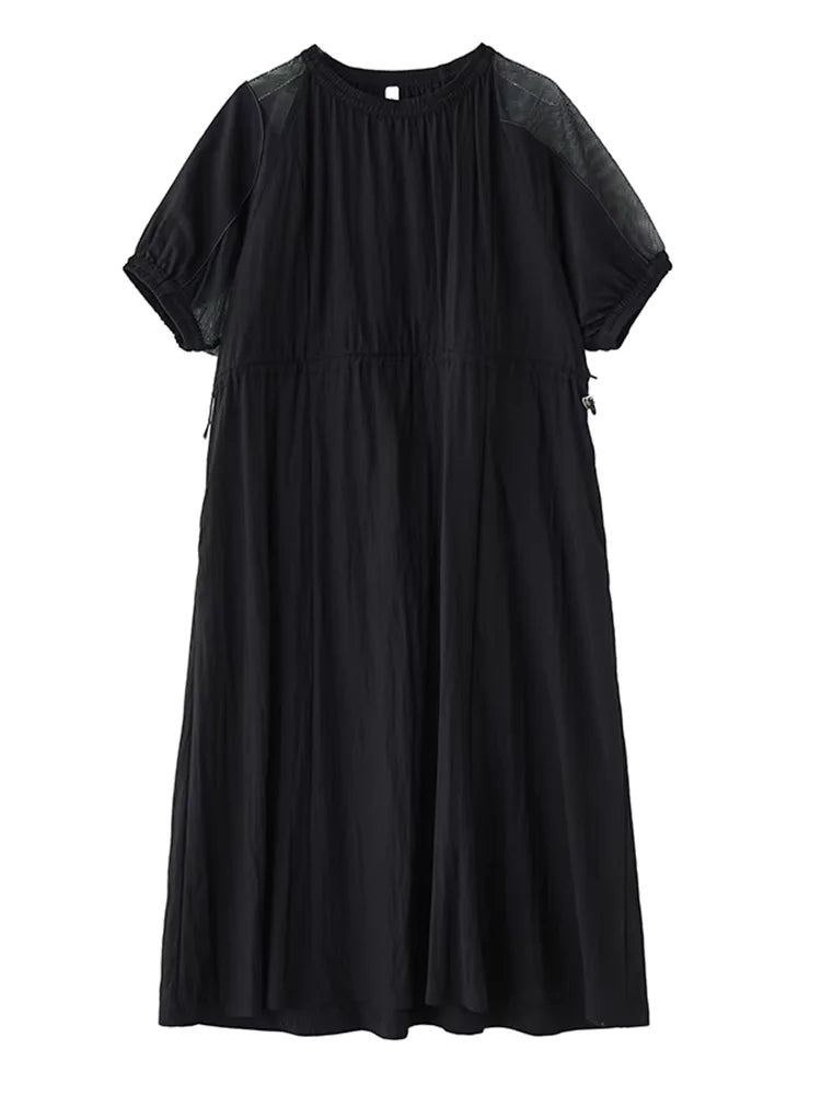 XITAO Gauze Patchwork Draw String Dress O-neck Short Sleeve Solid Color Simple Loose Slimming Summer Woman Dress ZMY1240