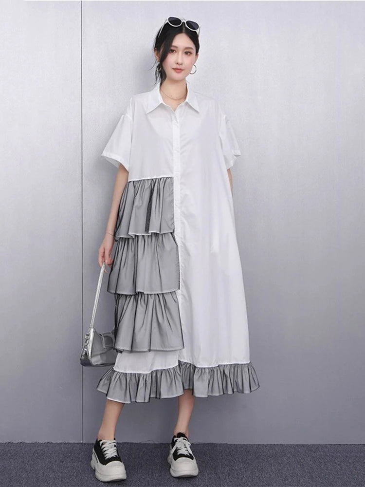 XITAO Patchwork Mesh Turn-down Collar Dress Single Breasted Pleated Short Sleeve Solid Color Fashion Summer Women Dress ZMY1200