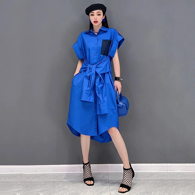 XITAO Irregular Casual Shirt Dress Fashion Personality Patchwork Women Loose Single Breasted A-line Simple Dress ZMY1076