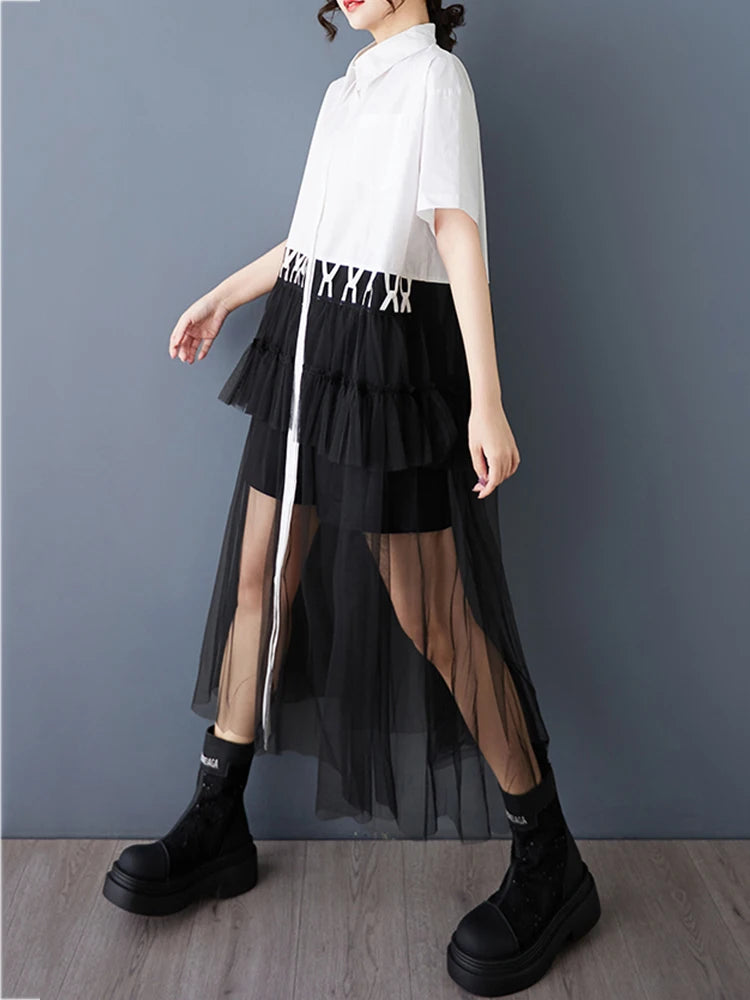 XITAO Patchwork Mesh Single Breasted Dress Casual Loose Fitting A-line Short Sleeve Turn-down Collar Summer Women Dress GYX1634