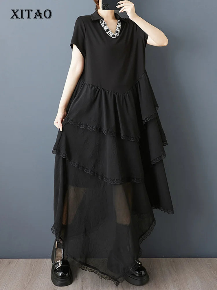 XITAO Asymmetrical Lace Patchwork Dress Embroidered Flares V-neck Short Sleeve Temperament Elegant Summer Woman Dress ZMY1317