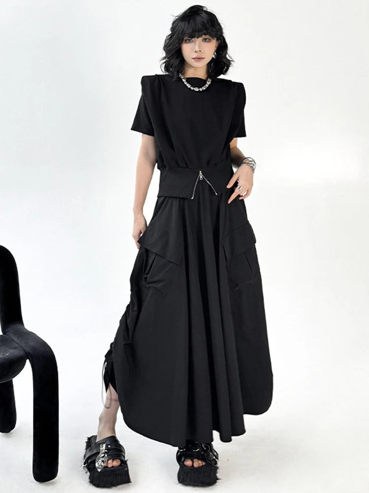 XITAO Bud Pocket Elastic Waist Skirt Casual Loose Fitting A-line Hong Kong New Personality Solid Color Women Skirt ZMY1329