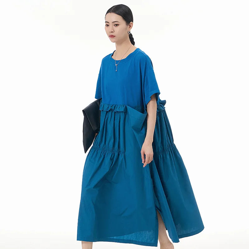 XITAO Casual Folds Dress High Opening Seam Patchwork Solid Color Loose Fashion Simplicity Women Summer New Dress HQQ2333