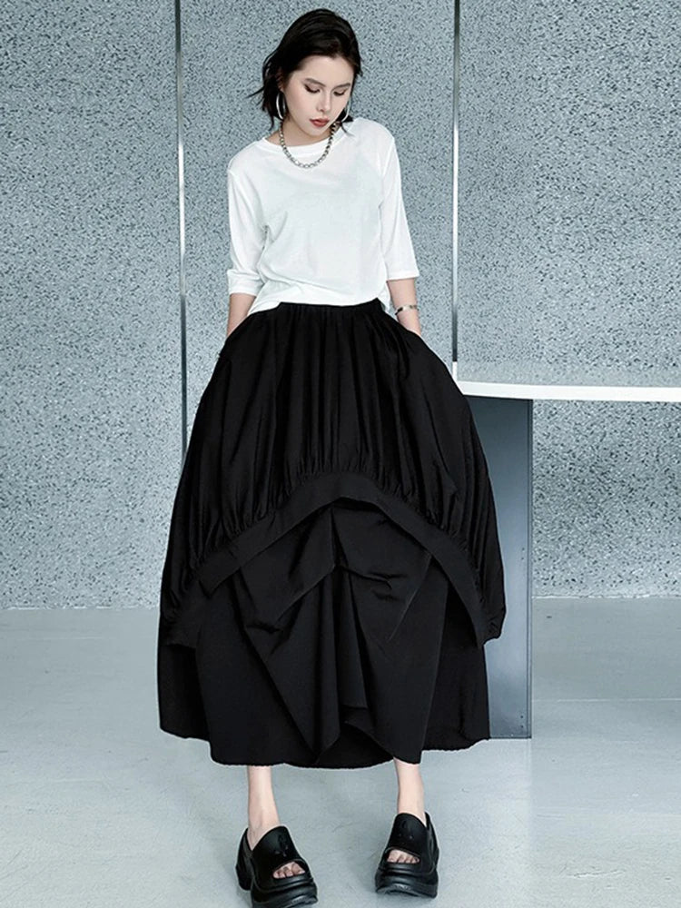 XITAO Fold Solid Color Elastic Waist Skirt Pocket Patchwork A-line Mid-calf Loose All Match Slimming Temperament Skirt ZMY1187
