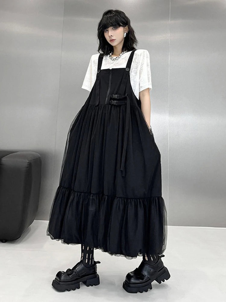 XITAO Gauze Solid Color Straps Dress Patchwork Bandage Loose Casual Slimming Temperament All-match Summer Woman Dress HQQ2494
