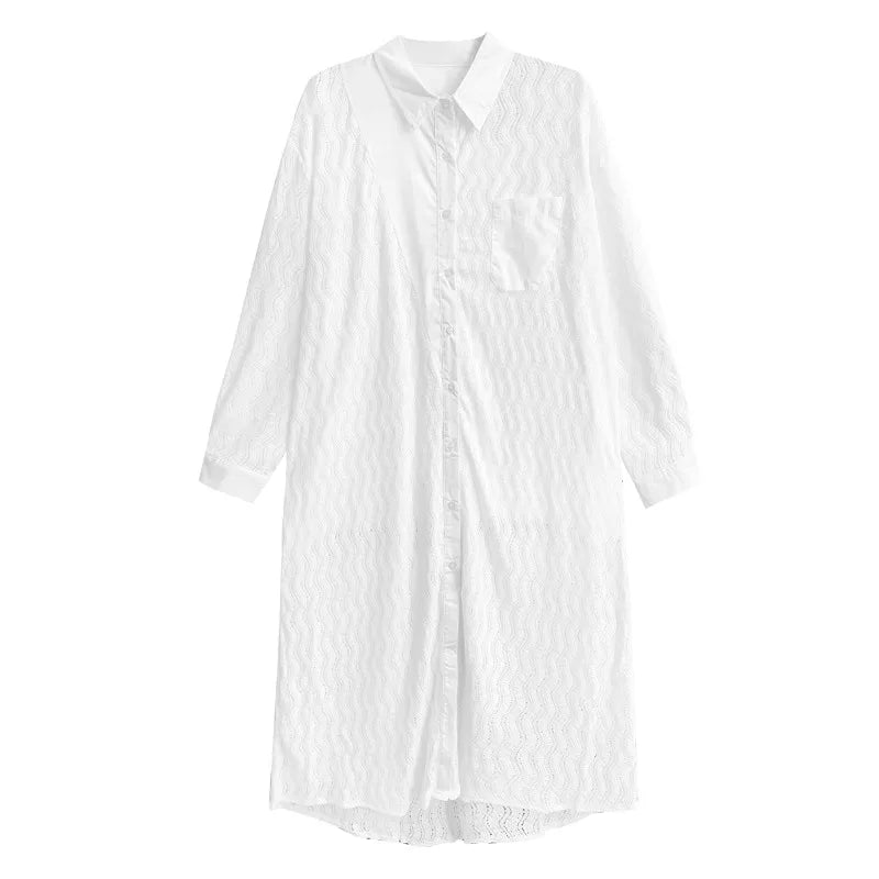 XITAO Patchwork Mesh Lace Single Breasted Dress Solid Color Turn-down Collar Full Sleeve Hong Kong Spring Women Dress GYX1508