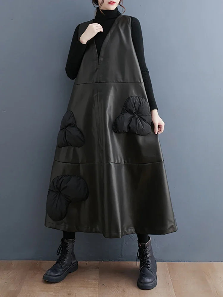 XITAO Three-dimensional Decoration V-neck Dress Solid Color Patchwork Pullover Sleeveless Loose 2024 Spring New Casual Dmj2310