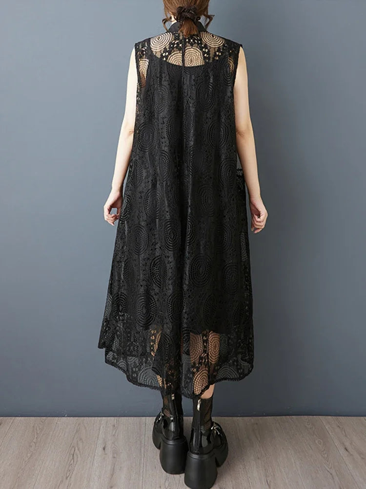 XITAO Lace Patchwork Sleeveless Dress Casual A-line Hollow Out Solid Color New Personality Turn-down Collar Women Dress GYX1661