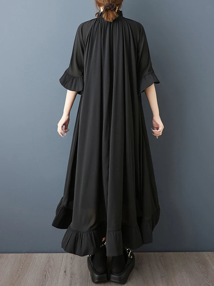 XITAO Drawstring Irregular Loose Dress V-neck Butterfly Sleeves Personality Slimming Solid Color Summer Woman Dress ZMY1387