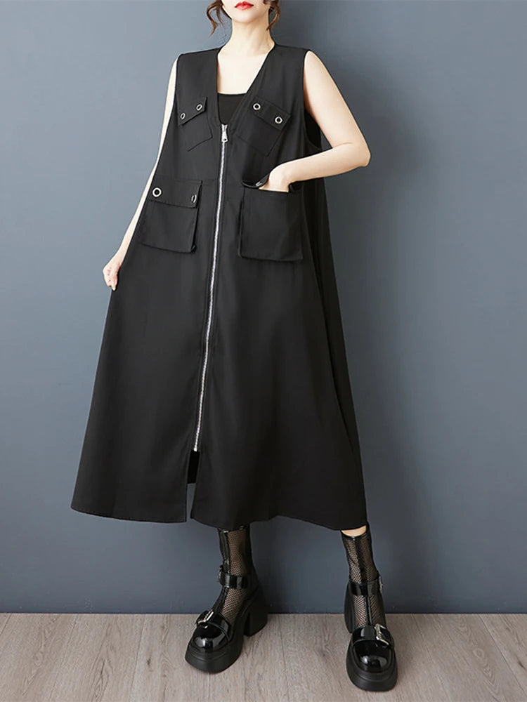 XITAO Zipper Pocket V-neck Dress Sleeveless Casual Solid Color Patchwork Temperament Slimming Summer Woman Dress ZMY1311