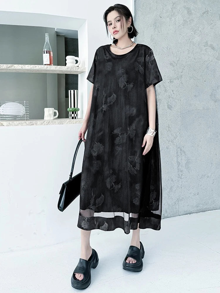 XITAO Print Patchwork Gauze Female Dress Short Sleeve O-neck A-line Loose Elegant Temperament Summer Woman Dress ZMY1239