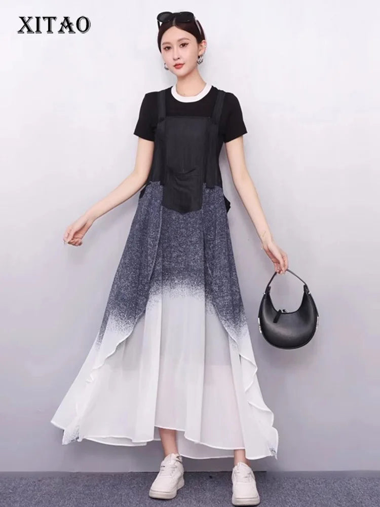 XITAO Patchwork Pocket Sleeveless Dress Loose Casual Gradient Slimming Personality Square Collar Summer Woman Dress ZMY1348
