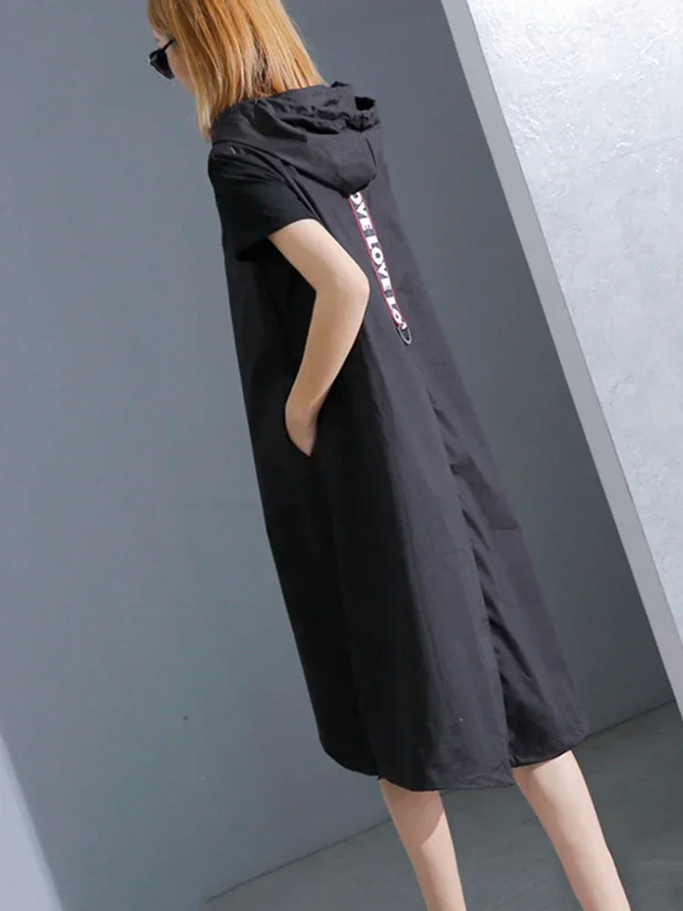 XITAO Hoodie Black Midi Dress 2019 Women Short Sleeve Elegant Womens Clothing Pullover A Line Party Dress New KY428