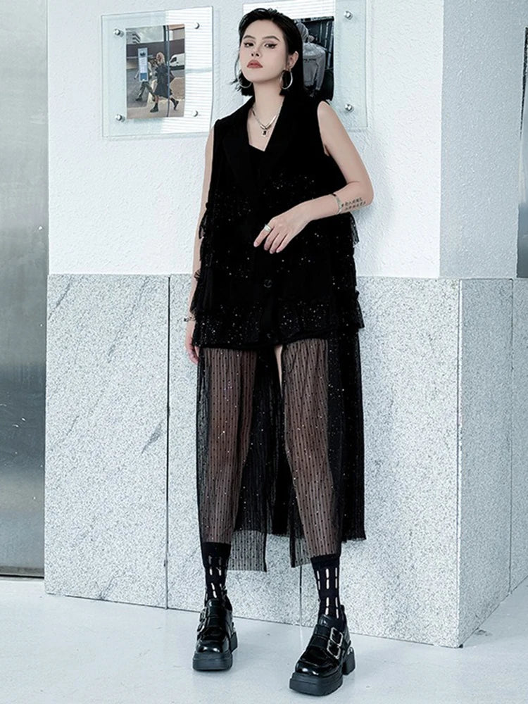 XITAO Pleated Mesh Patchwork V-neck Dress Loose Fitting Thin Single Breasted New Arrival Summer Women Dress ZMY1332