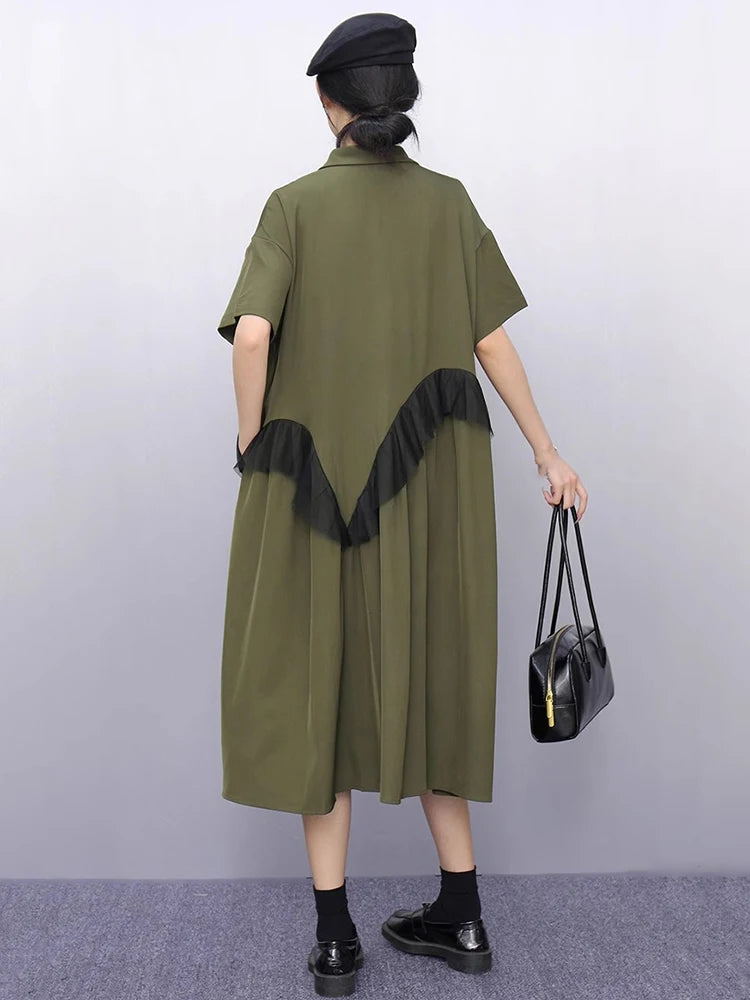 XITAO Gauze Loose Ruffles Dress Patchwork Solid Color Single Breasted New Arrival Slimming Summer Female Shirt Dress ZMY1236