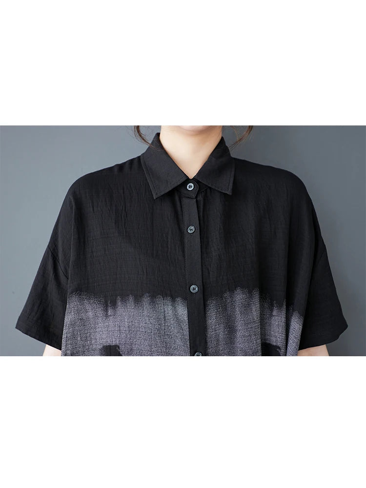 XITAO Print Patchwork Pocket Short Sleeve Dress Turn-down Collar Single Breasted Casual Mid-calf Loose Shirt Dress HQQ2465