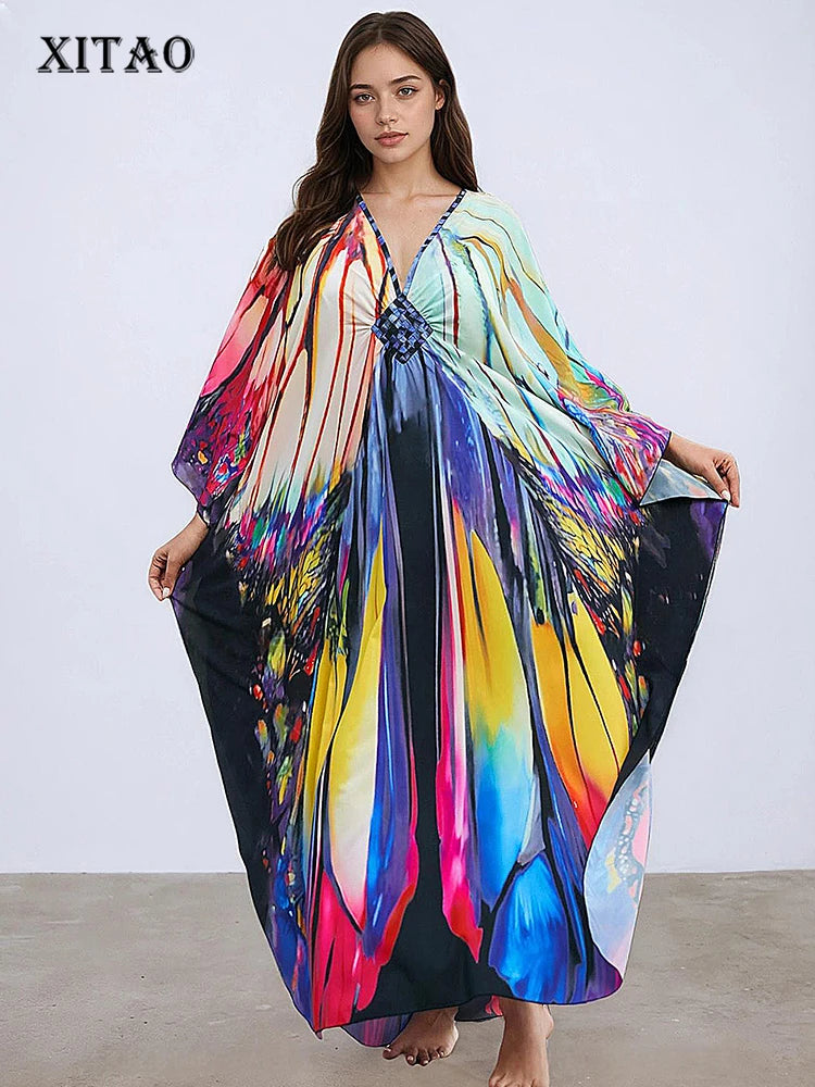 XITAO Contrast Color Print Dress Side Slit Loose Casual Temperament Pullover Loose Casual Slimming Summer Woman Dress GJ1167
