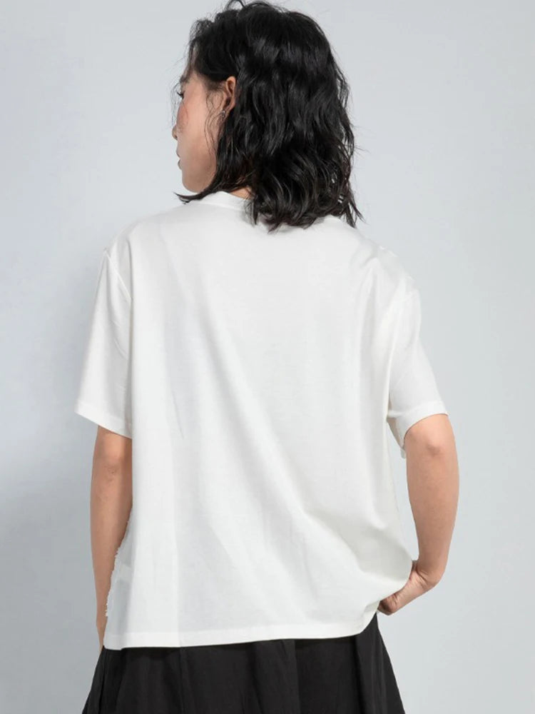 XITAO Hollow Out Asymmetrical Button T-Shirts Gauze Patchwork Pullover Solid Color Short Sleeve Loose Casual Women Top ZMY1163