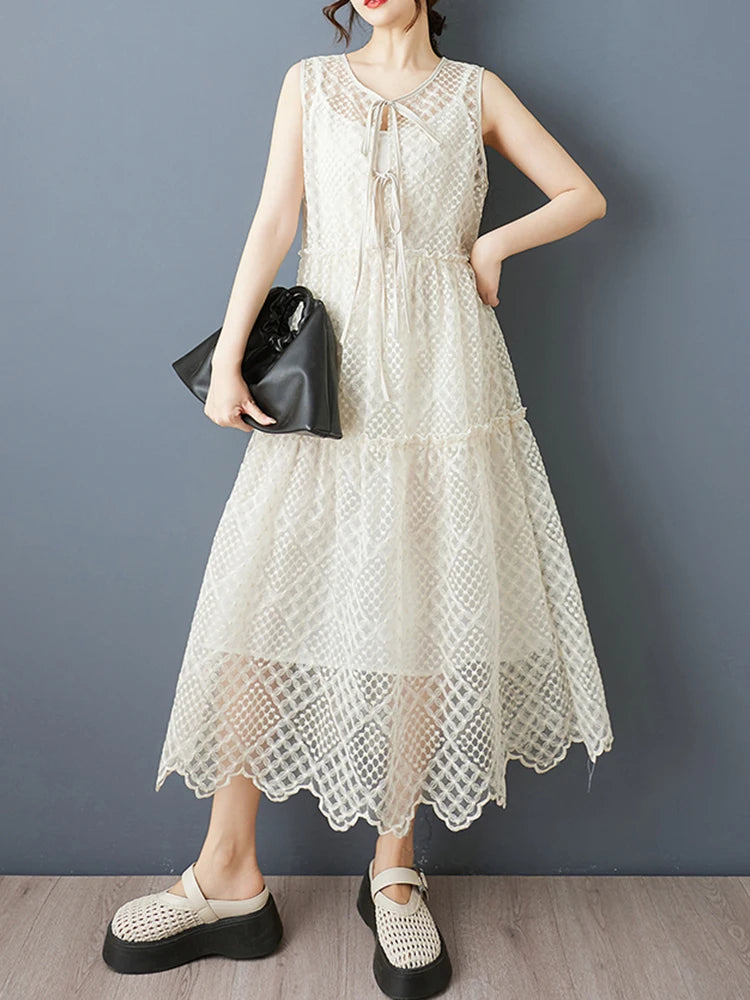 XITAO Lace Drawstring Hollow Out Dress Patchwork Solid Color Loose Sleeveless O-neck Casual Slimming Summer Woman Dress ZMY1312