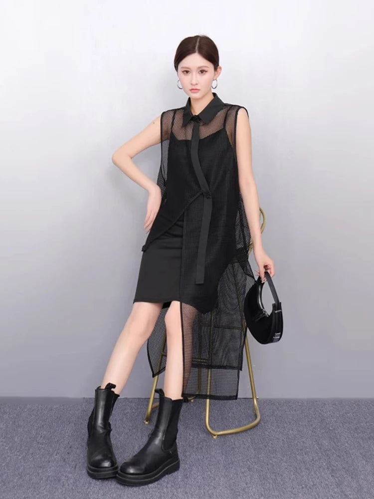 XITAO Asymmetrical Mesh Sleeveless Loose Dress Hollow Out Temperament Solid Color Elegant Casual Summer Woman Dress ZMY1276