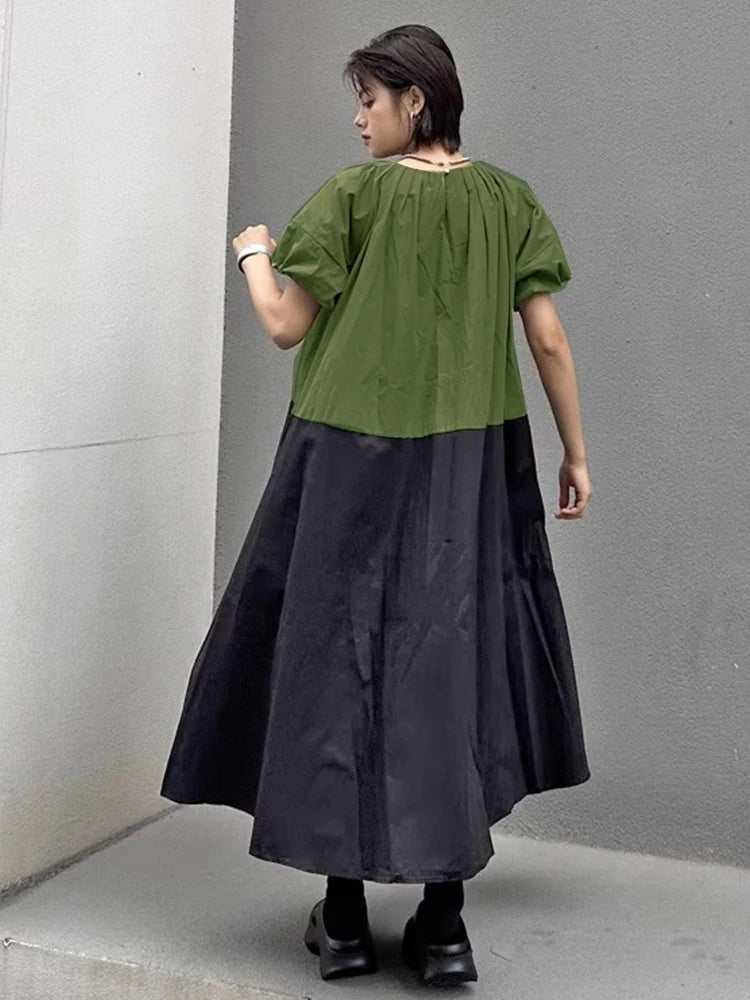 XITAO Patchwork Contrast Color Dress O-neck Loose Casual Short Sleeve Simple Slimming Personality Summer Woman Dress HQQ2491