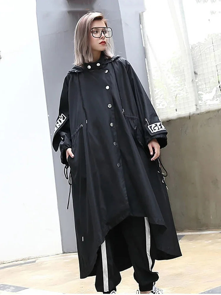 XITAO Spliced Black Trench For Women Tide Long Print Streetwear Hoodie Casual Female Wide Waisted Coat 2019 ZLL1100