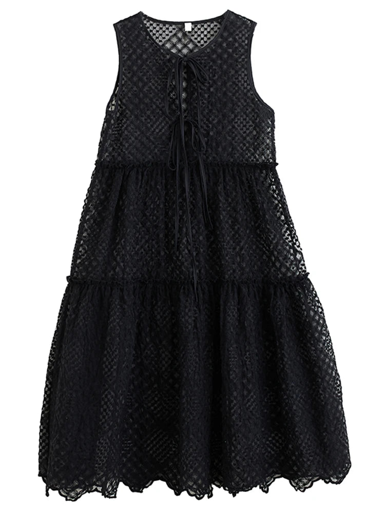XITAO Lace Drawstring Hollow Out Dress Patchwork Solid Color Loose Sleeveless O-neck Casual Slimming Summer Woman Dress ZMY1312