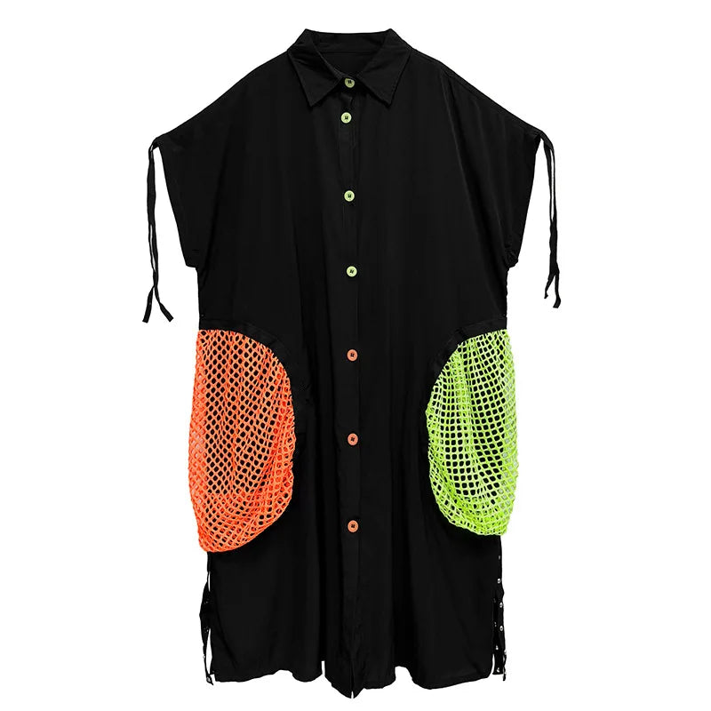 XITAO Contrast Color Pocket Rivet Patchwork Women Dress Shirring Short Sleeve Turn-down Collar Temperament Shirt Dress ZY8942