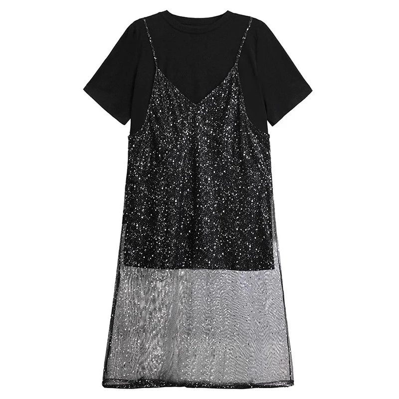 XITAO Sequin Mesh O-neck Dress Casual Loose Fitting A-line Hong Kong Elegant Fashion Personality Summer Women Dress ZMY1235