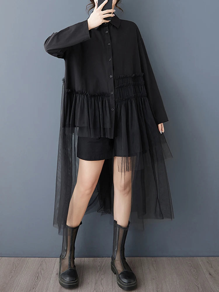 XITAO Irregular Patchwork Mesh Pleated Dress Casual Turn-down Collar Single Breasted Buckle Full Sleeve New Women Dress GYX1509