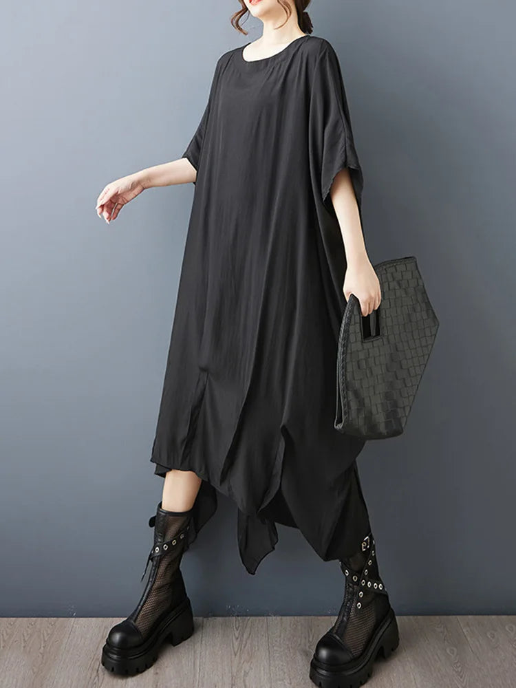XITAO Asymmetrical Solid Color Patchwork Dress Loose Pullover Bat Wing Sleeve Temperament Summer Woman Slimming Dress ZMY1349