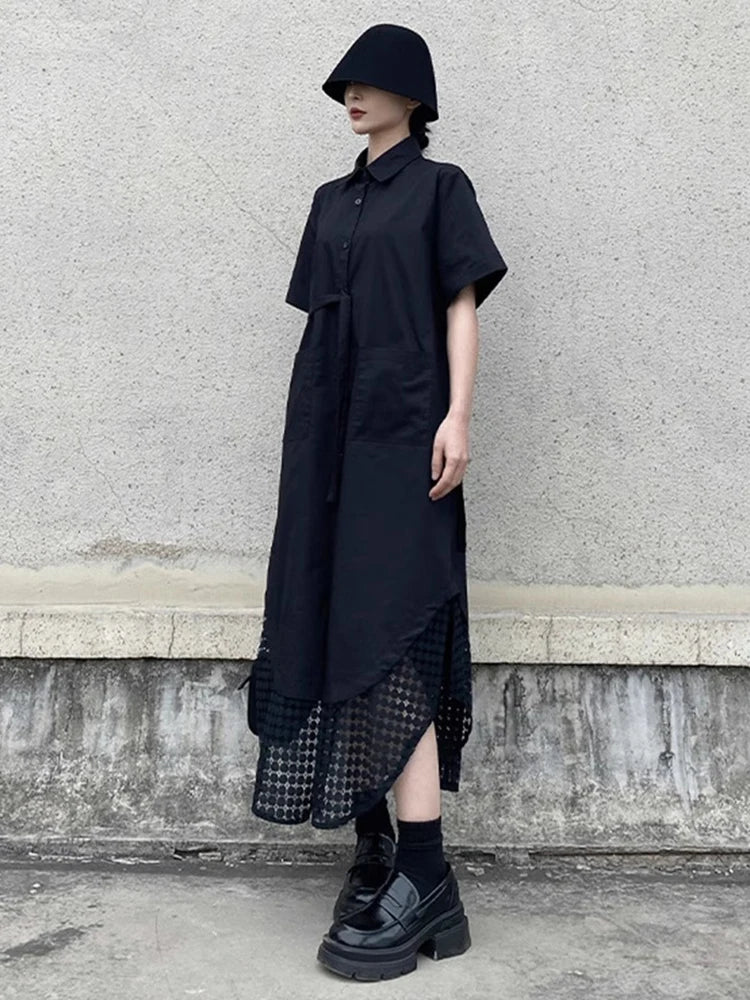 XITAO Pocket Bandage Irregular Female Dress Patchwork Hollow Out Solid Color Loose Slimming Summer Woman Shirt Dress ZMY1237