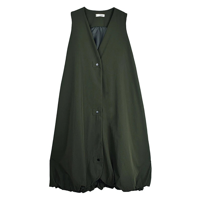 XITAO Bud Single Breasted V-neck Sleeveless Dress Casual Solid Color A-line Mid-calf New Leisure Summer Women Dress GYX1558