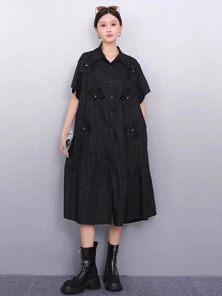XITAO Solid Color Short Sleeve Dress Three-dimensional Decoration Turn-down Collar Loose Slimming Summer Woman Dress ZMY1398