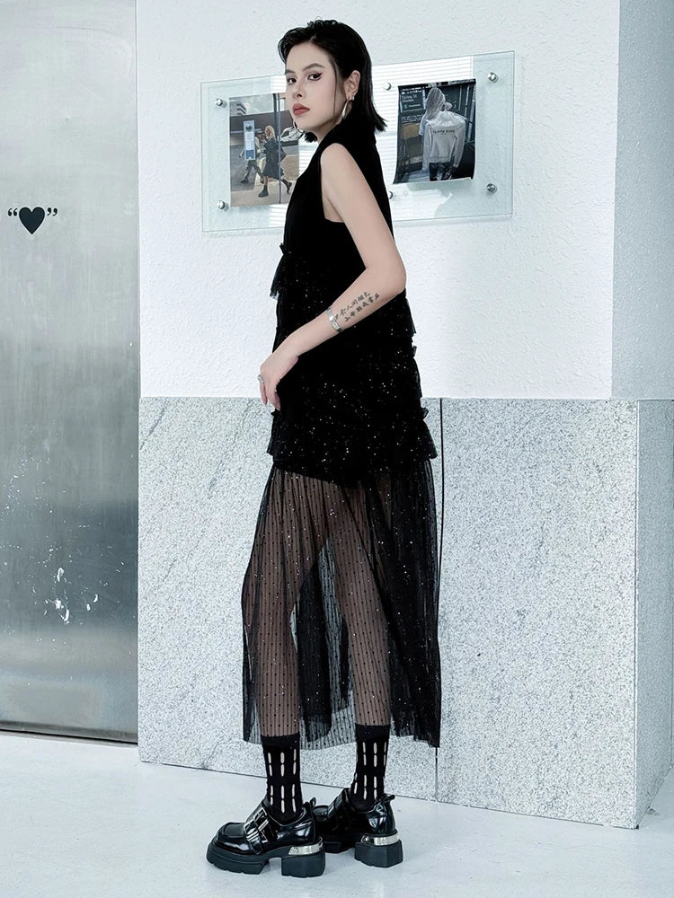 XITAO Pleated Mesh Patchwork V-neck Dress Loose Fitting Thin Single Breasted New Arrival Summer Women Dress ZMY1332