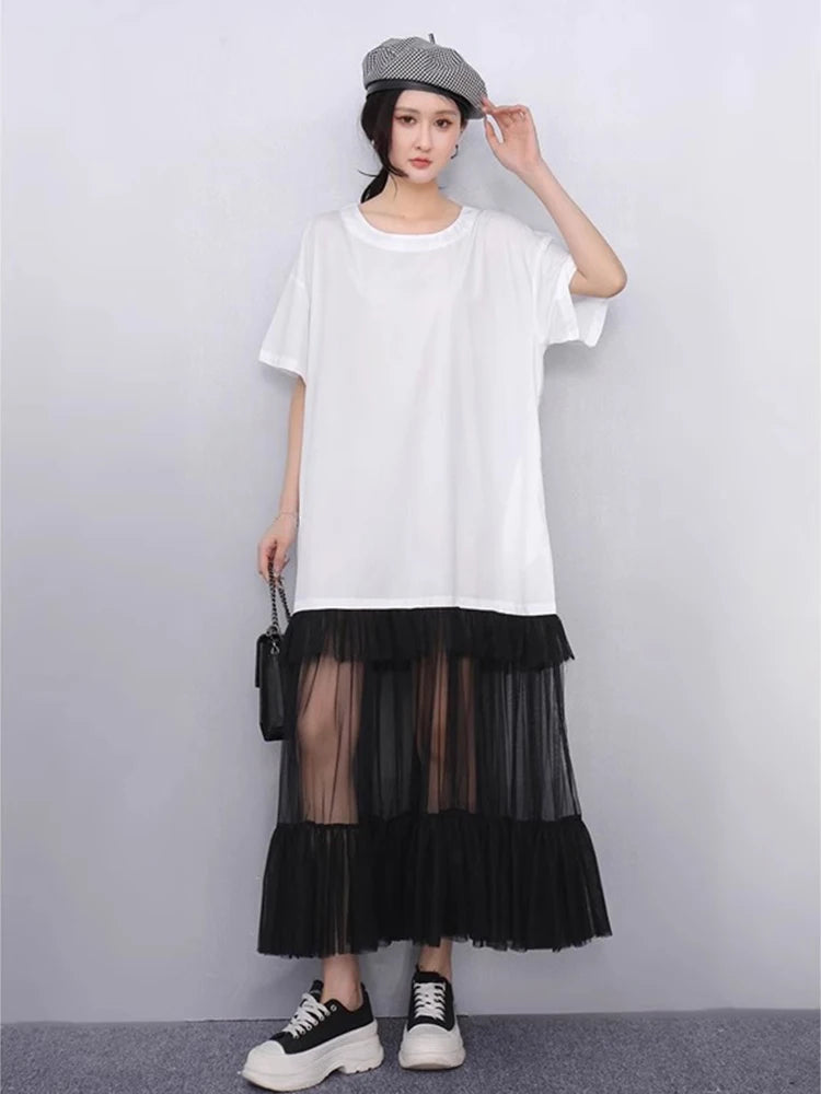 XITAO Gauze Patchwork Loose Female Dress O-neck Short Sleeve Casual Simple Slimming Temperament Summer Woman Dress HQQ2496