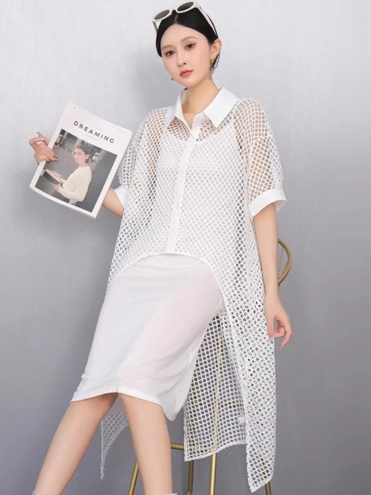 XITAO Asymmetrical Single Breasted Dress Casual A-line Loose Fitting Slimming Hollow Out Half Sleeve Summer Female Dress GYX1662