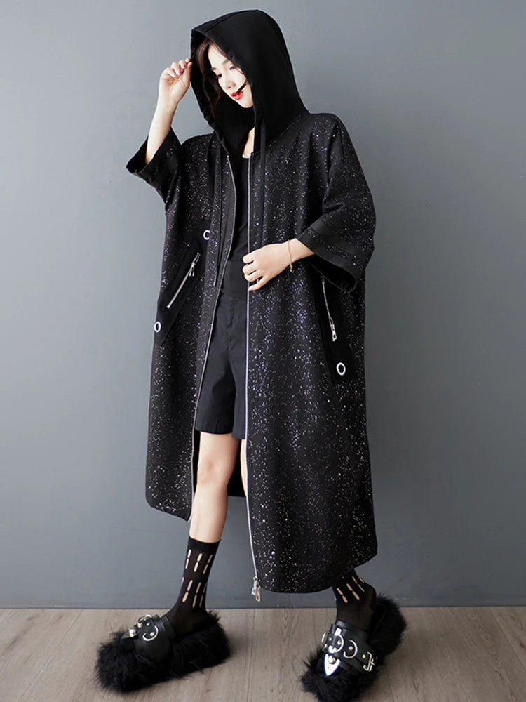 XITAO Loose Zipper Hooded Collar Trench Casual Fashion Big Pocket Women Personality Irregular Patchwork Simple Coat ZMY1156