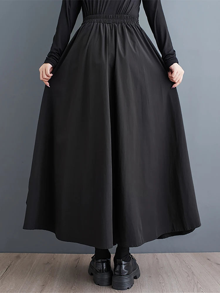 XITAO Pocket Patchwork Asymmetrical Skirts Solid Color Elastic Waist A-line Loose Mid-calf All Match Skirts 2024 Autumn DMJ5020