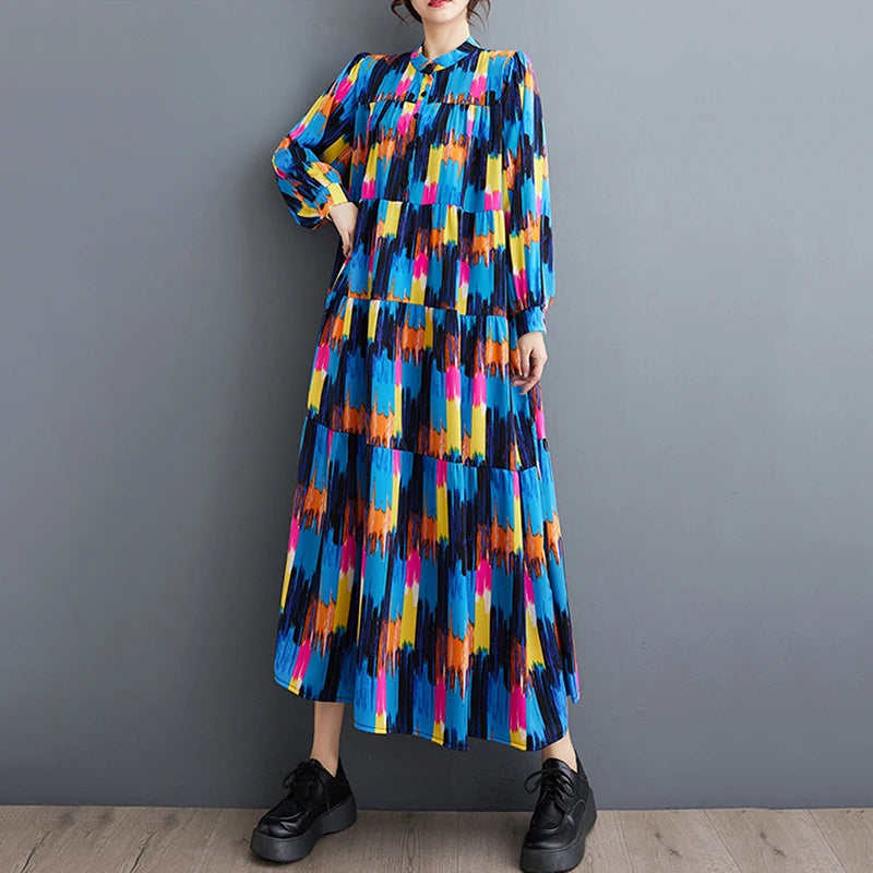 XITAO Vintage Loose Print Dress Casual All-match Contrast Color Women Spring New Trend Long Sleeve Stand Collar Dress DMJ4069