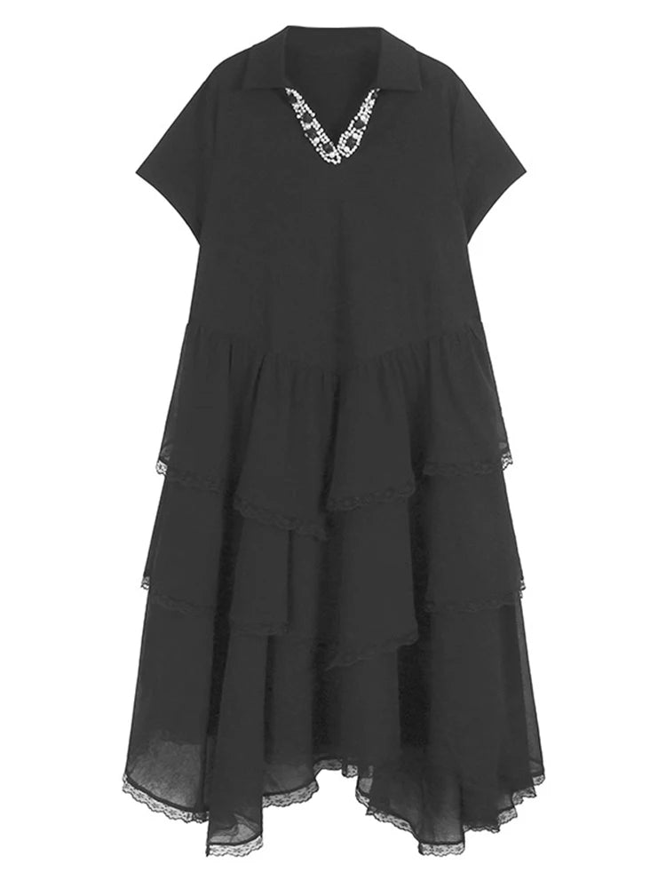 XITAO Irregular Embroidered Flares Dress Short Sleeve Lace Patchwork Women Summer Solid Color A-line Temperament Dress ZMY1341