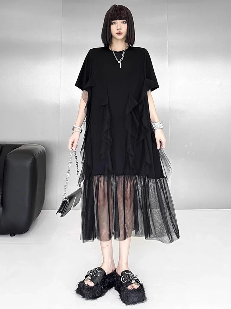 XITAO Irregular Solid Color Loose Dress Patchwork Gauze O-neck Short Sleeve Casual Slimming Simple Summer Woman Dress ZMY1373