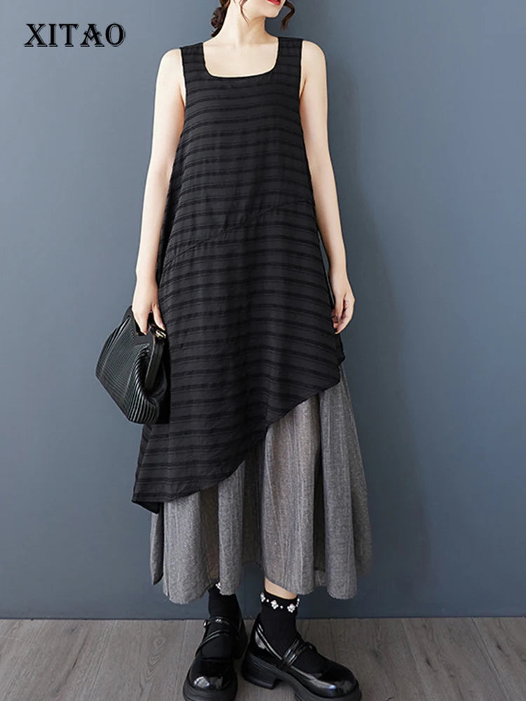 XITAO Asymmetrical Patchwork O-neck Female Dress Casual A-line Sleeveless Loose Fitting Slimming Summer Women Dress ZMY1196