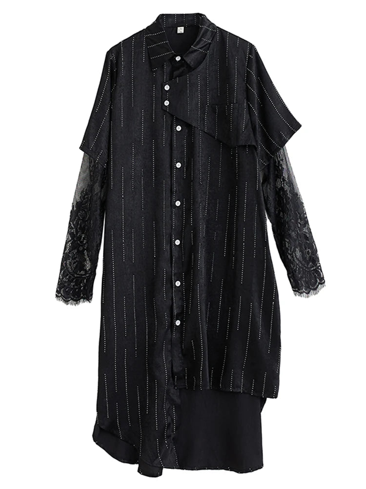XITAO Lace Patchwork Asymmetrical Dress Single Breasted Turn-down Collar Long Sleeve Side Split Casual Temperament Dress ZMY1322