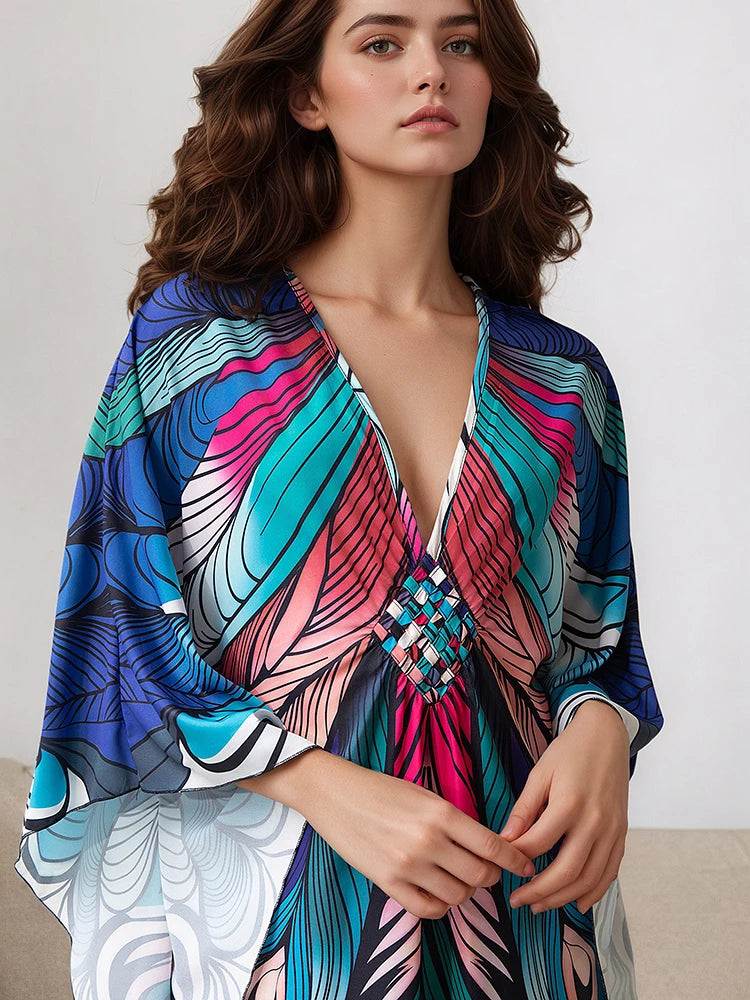 XITAO Summer Beach Style Women Dress Casual Loose V-neck Pullover Three Quarter Sleeve Female Thin Print Fashion Dress GJ1213